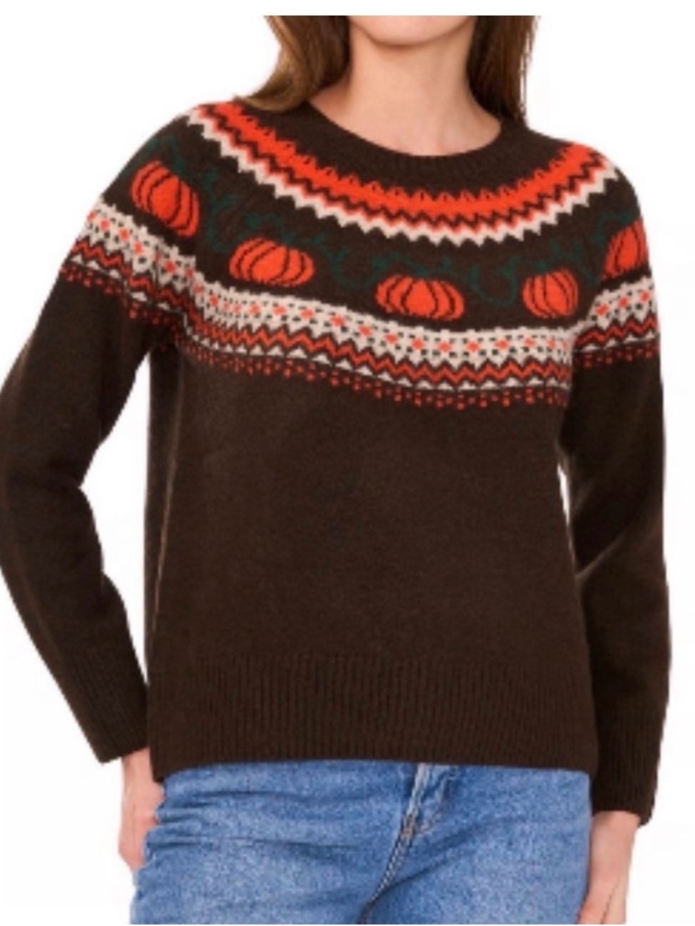 Vince Camuto Brown Crewneck Sweater with Orange Fair Isle Pumpkin Yoke Sz L